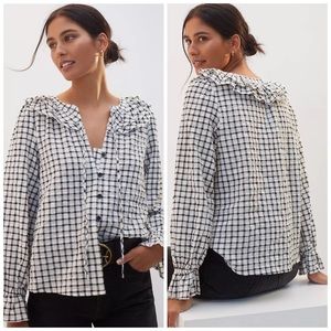 Anthropologie Maeve Ruffled Plaid Buttondown Black & White Motif, NWT. Size XL.
